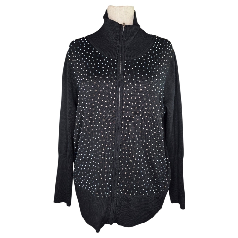 Questions Black Rhinestone Zip Mock Neck Sweater 2X Sparkle Knit Top